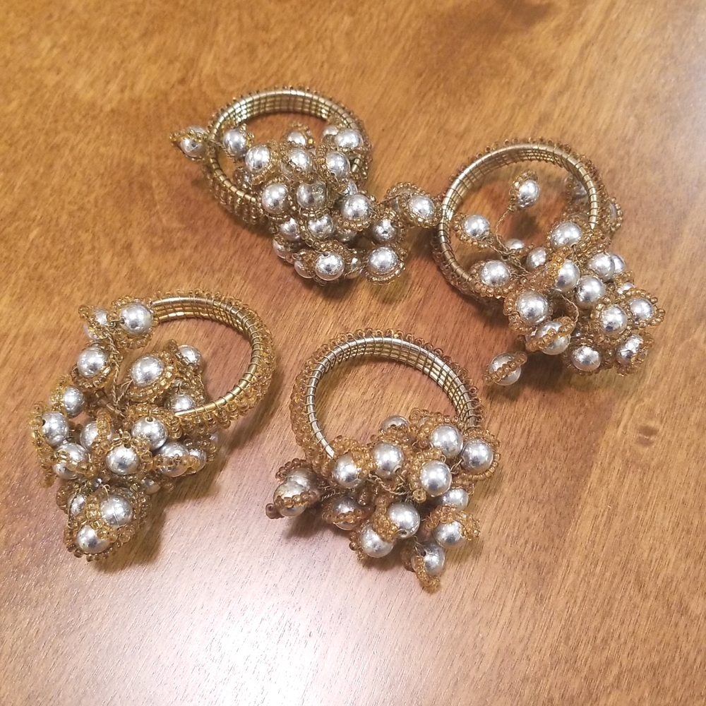 4 Gold Silver Beads Napkin Rings